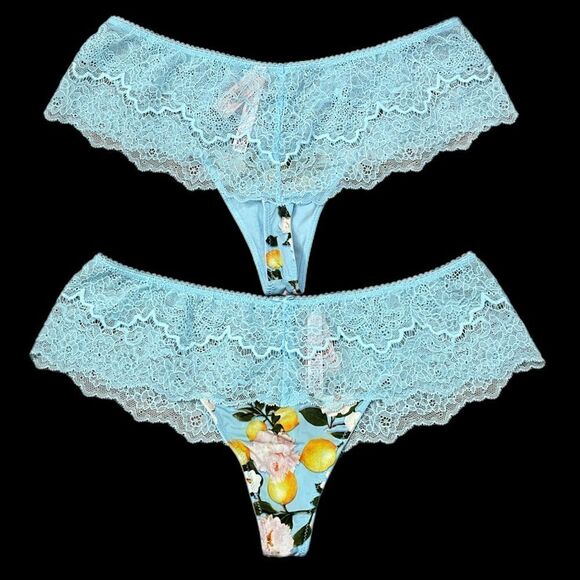 Victorias Secret Dream Angels Wide Side Lace Satiny Thong panty blue lemons S - Picture 4 of 4